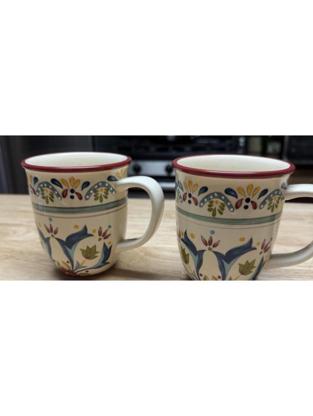 Bobby Flay Sevilla Coffee 2 Cups Mugs Red Rim 12 Oz Retired Pattern